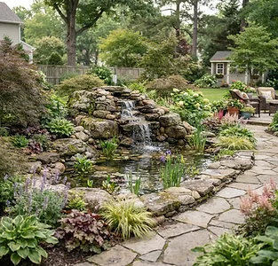 Garden water feature with natural stone surround