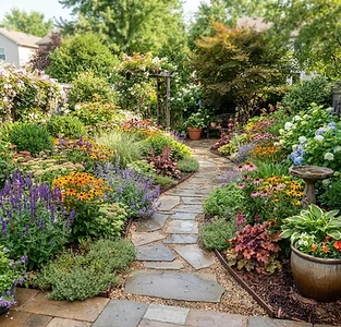 Garden path through perennial landscape beds