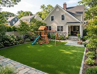 Artificial turf backyard with children play area