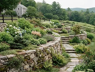 Natural fieldstone retaining wall on sloped property