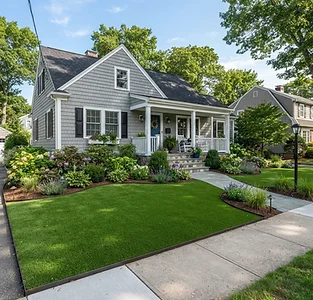 Artificial turf front yard replacing natural lawn