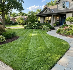Professional lawn mowing with stripe pattern