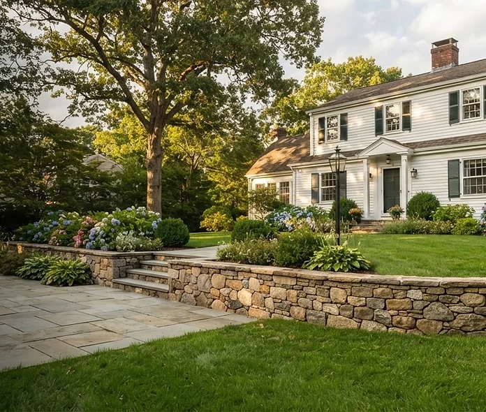 Landscaping and hardscaping with a stone patio at a Waltham style New England home