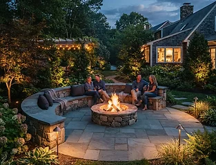 Fire pit seating area with stone seat wall