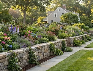 Stone garden wall with perennial landscape beds