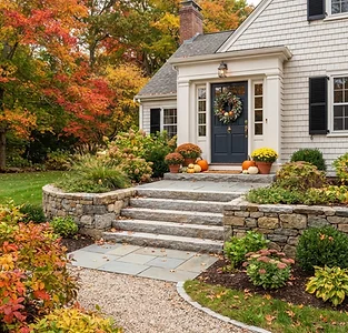 Granite front entry steps with stone landing