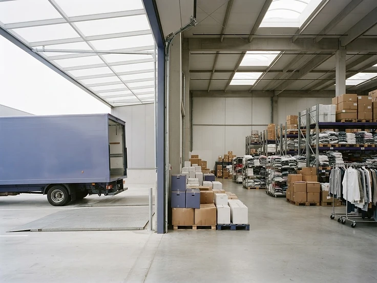 A clean donation center with a donation truck at the loading bay