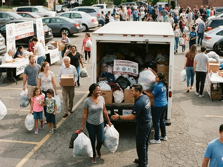A group of people at a donation drive bringing bags to a truck, with drivers and staff assisting