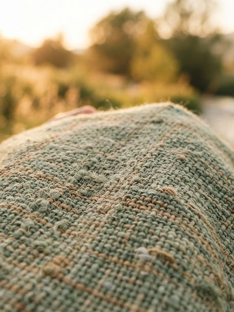 Close-up of high-quality recycled fabric weave in golden hour light