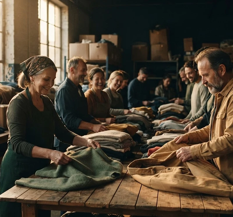 Volunteers sorting donated clothing in a community textile recovery center