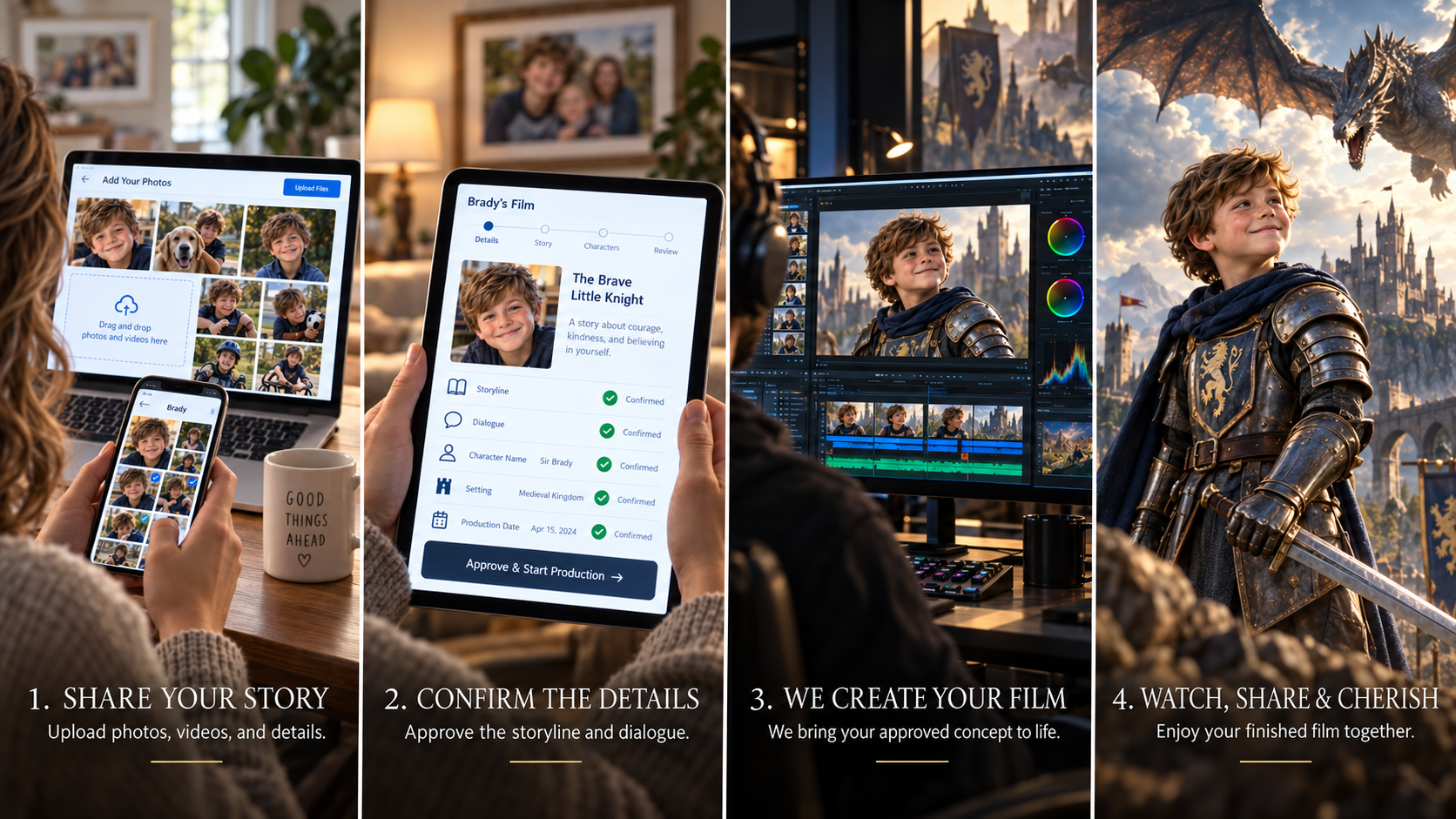 The custom story process: share, confirm, create, watch