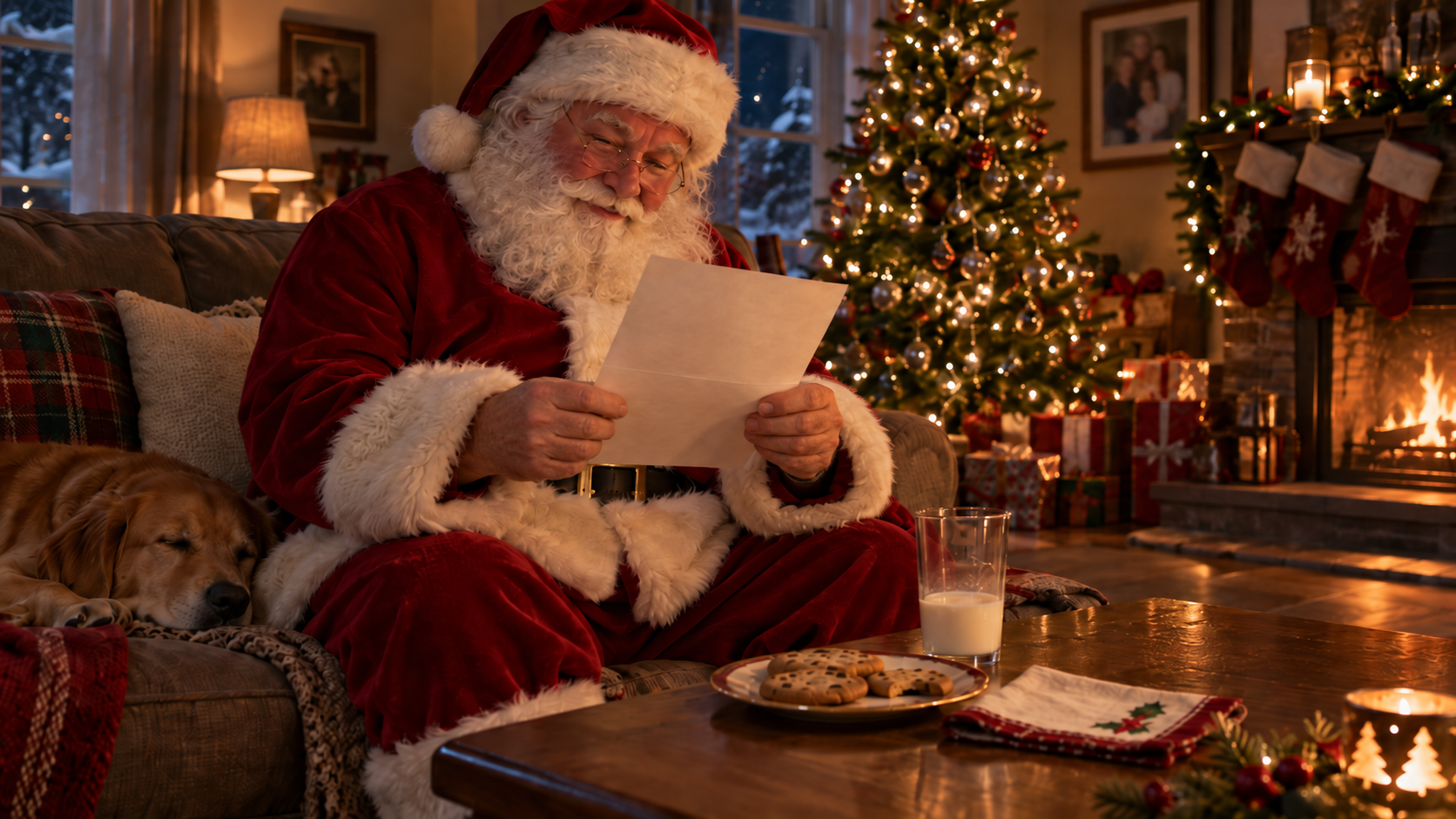 Santa reading a letter by the fireplace in a cozy family living room
