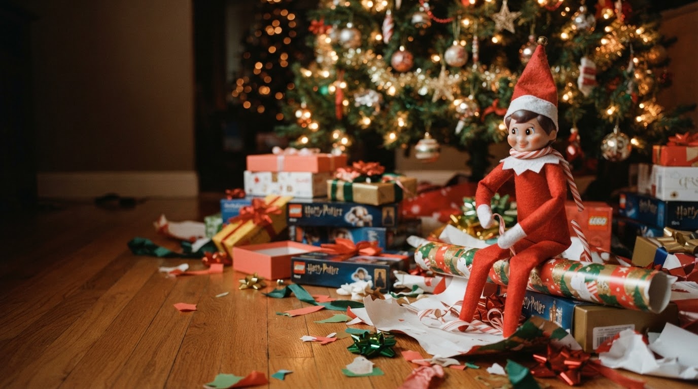 A mischievous elf on the shelf surrounded by holiday mischief