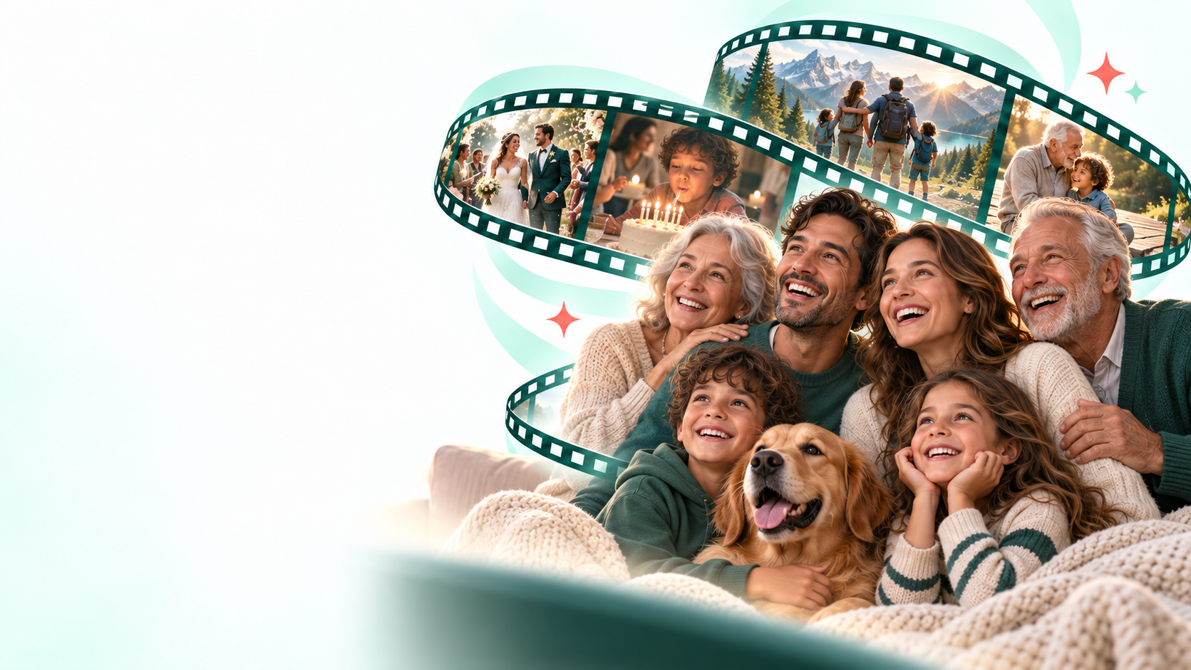 A happy family surrounded by a cinematic filmstrip of imaginative adventures
