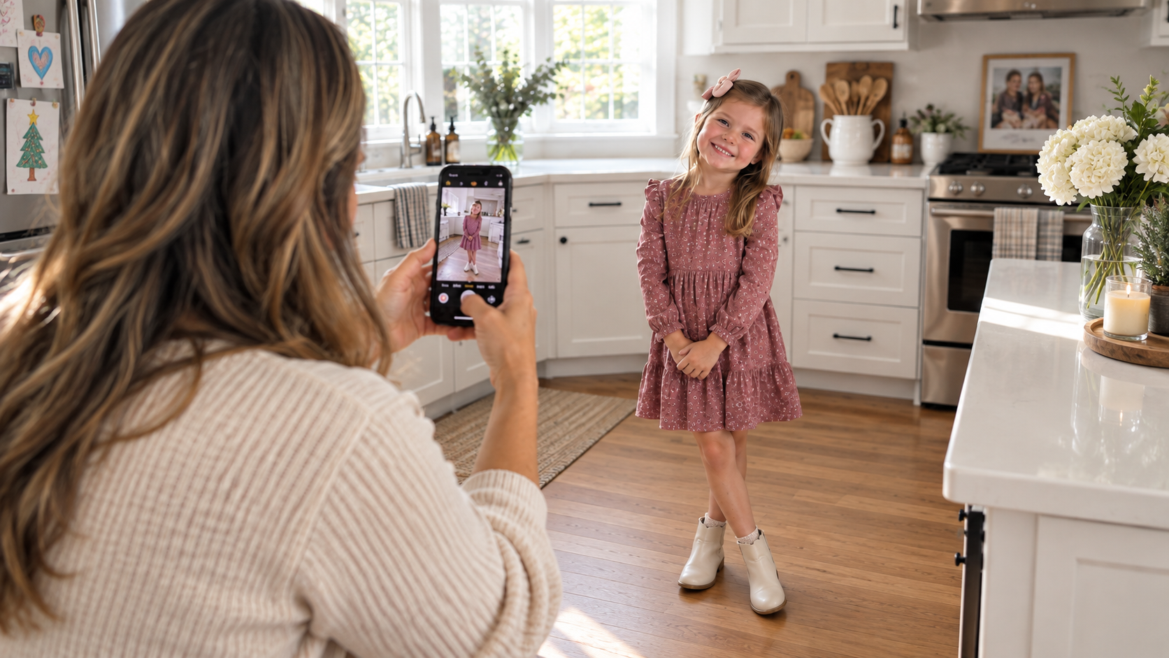 A parent taking a clear photo of their child in the kitchen