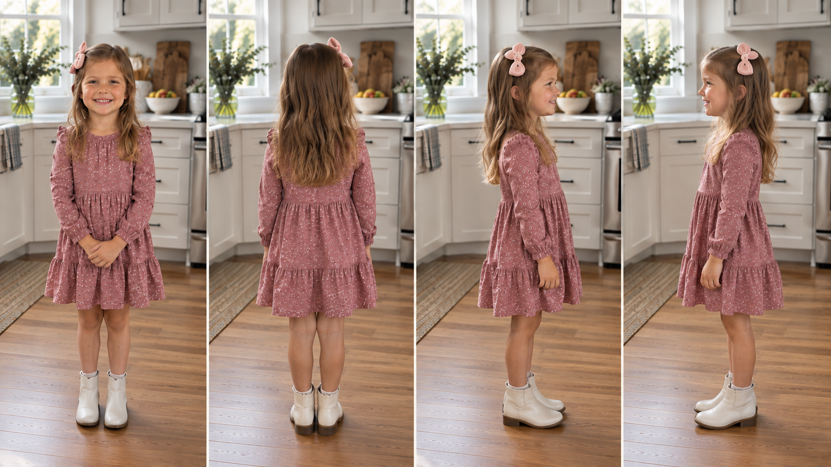 Four photos of the same child from the front, back, left side and right side