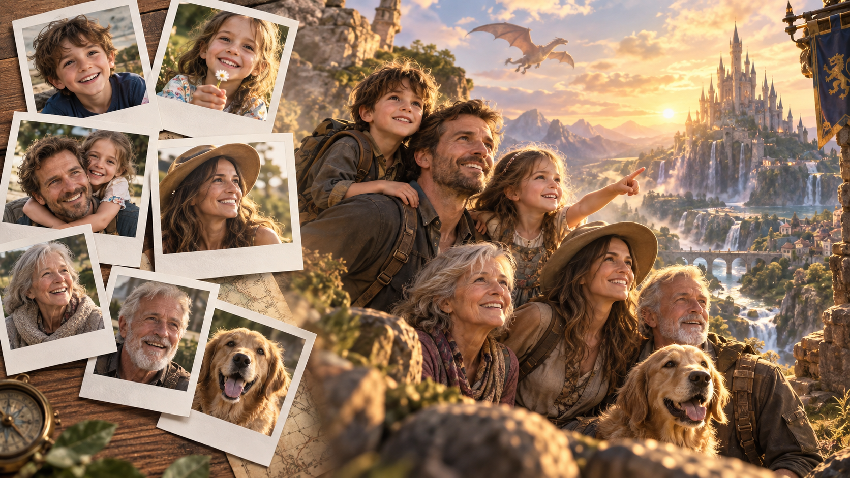 Family photos on a map opening into a cinematic fantasy adventure