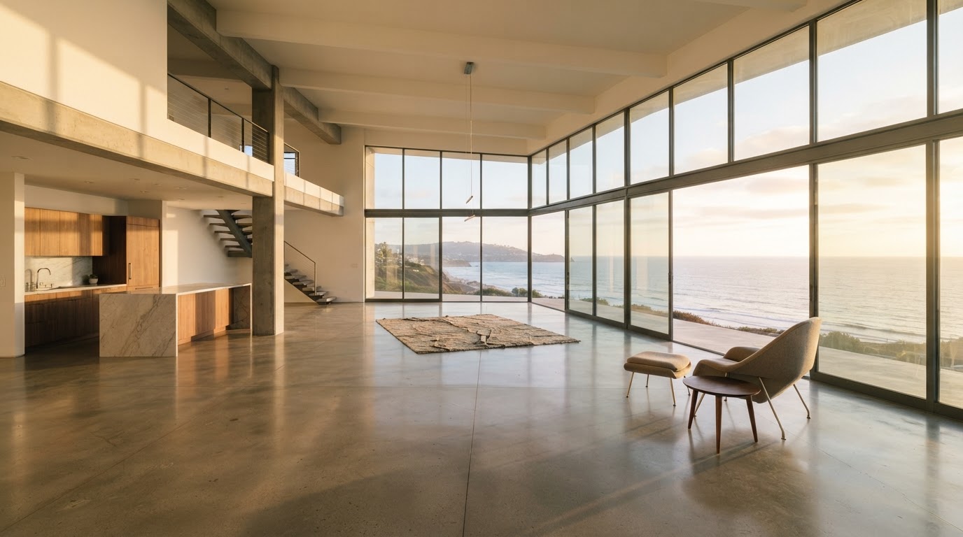 A reclaimed, minimalist San Diego loft with ocean-horizon windows