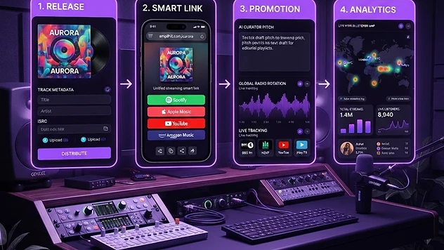 AmpliHit 4-step workflow from release upload to smart link, promotion, and world listener analytics