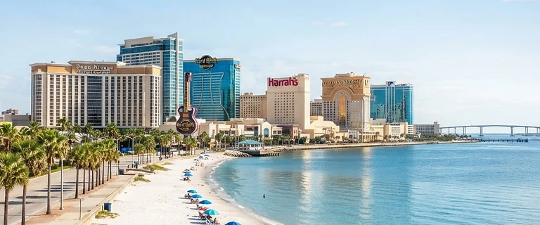 The Biloxi, Mississippi beachfront with casino towers along the Gulf