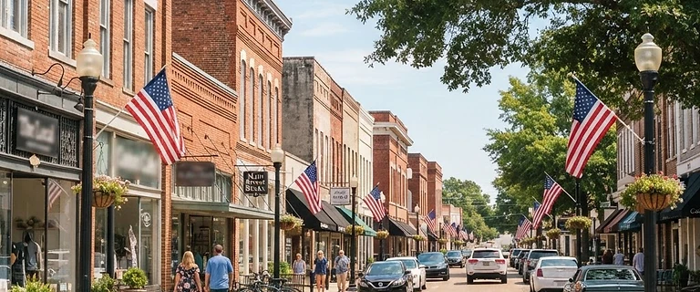 Downtown Tupelo, Mississippi with brick storefronts under a bright morning sky