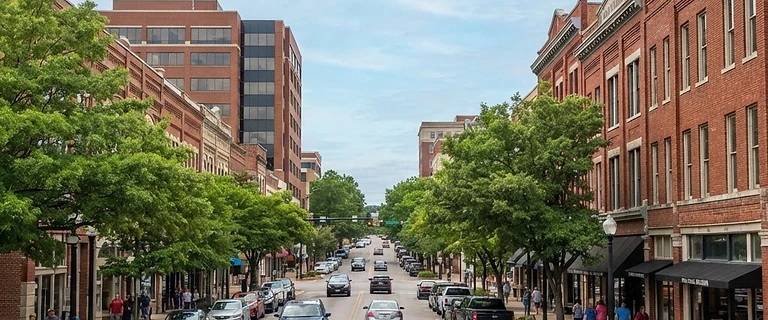 Tree-lined downtown Jonesboro, Arkansas with brick storefronts