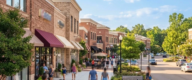 A bright commercial corridor in Southaven, Mississippi with brick storefronts and landscaping