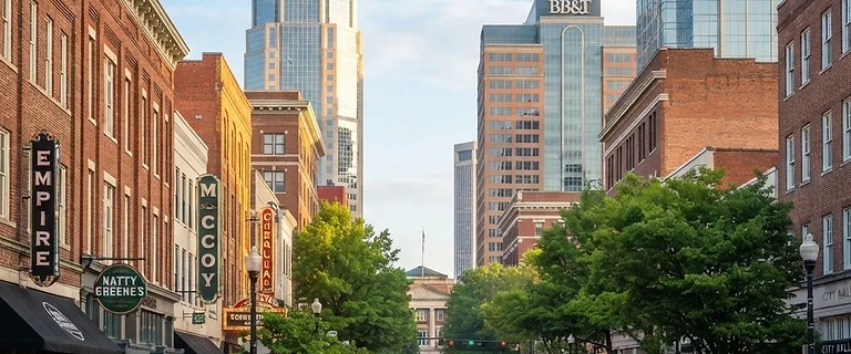 Downtown Greensboro, North Carolina with historic buildings and modern towers