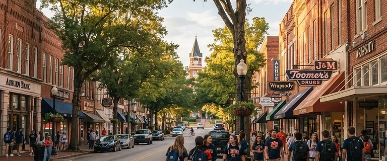 Historic downtown Auburn, Alabama street with brick storefronts under mature oak trees