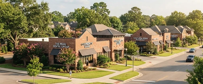 A clean commercial area in Pearl, Mississippi with brick buildings and green lawns