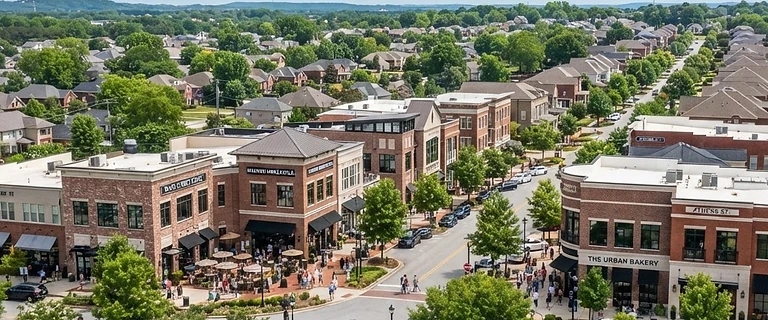 Madison, Alabama town center with brick office buildings, parks and green neighborhoods