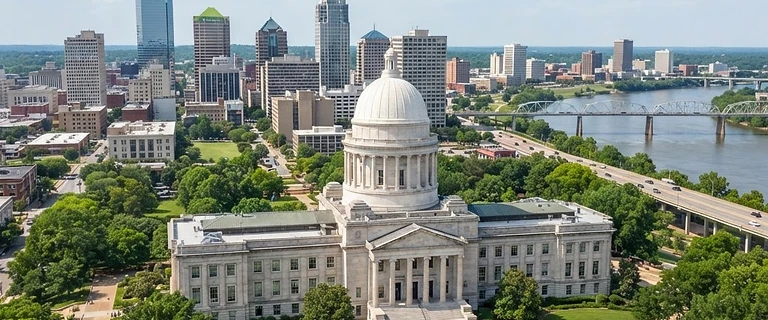 Downtown Little Rock, Arkansas with the capitol dome and the Arkansas River bridge