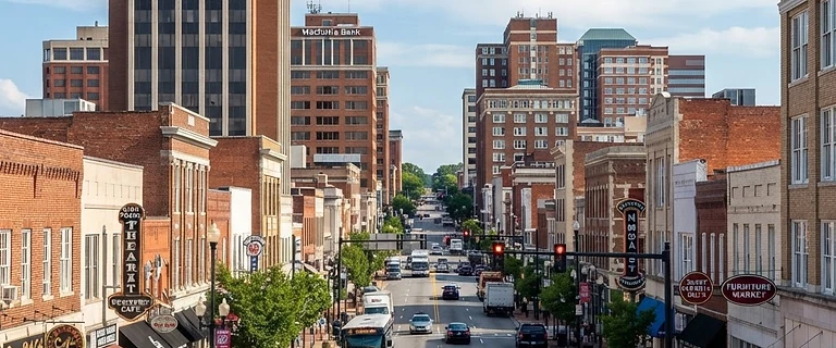 Downtown High Point, North Carolina main street and skyline