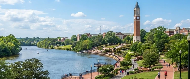 Tuscaloosa, Alabama riverfront park and university clock tower along the Black Warrior River