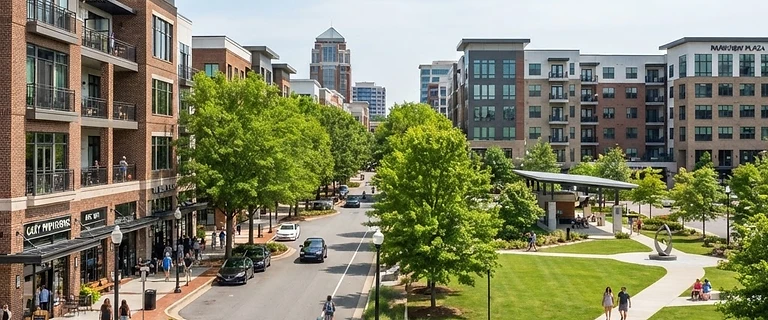 Downtown Cary, North Carolina with leafy streets and modern buildings