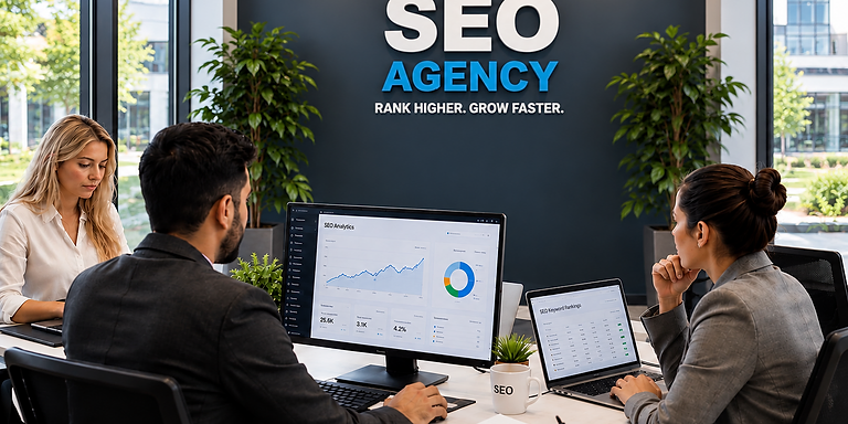 All Source Advertising SEO Agency team reviewing work with a city view behind them