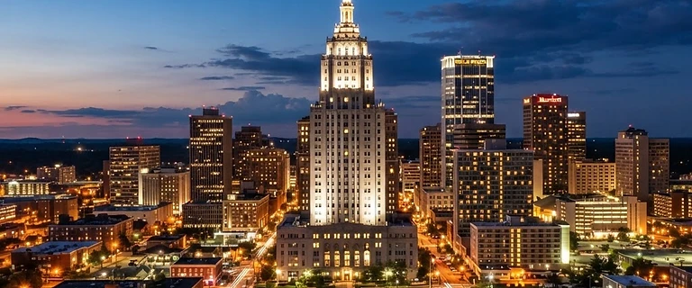Winston-Salem, NC skyline at dusk with the Reynolds Building tower