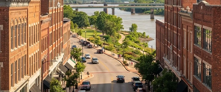 Historic downtown Fort Smith, Arkansas with the Arkansas River in the distance