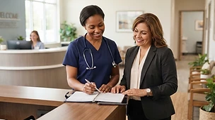 Doctor and practice manager coordinating work in a medical clinic