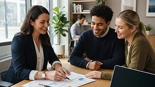 Mortgage broker guiding a couple through home finance documents