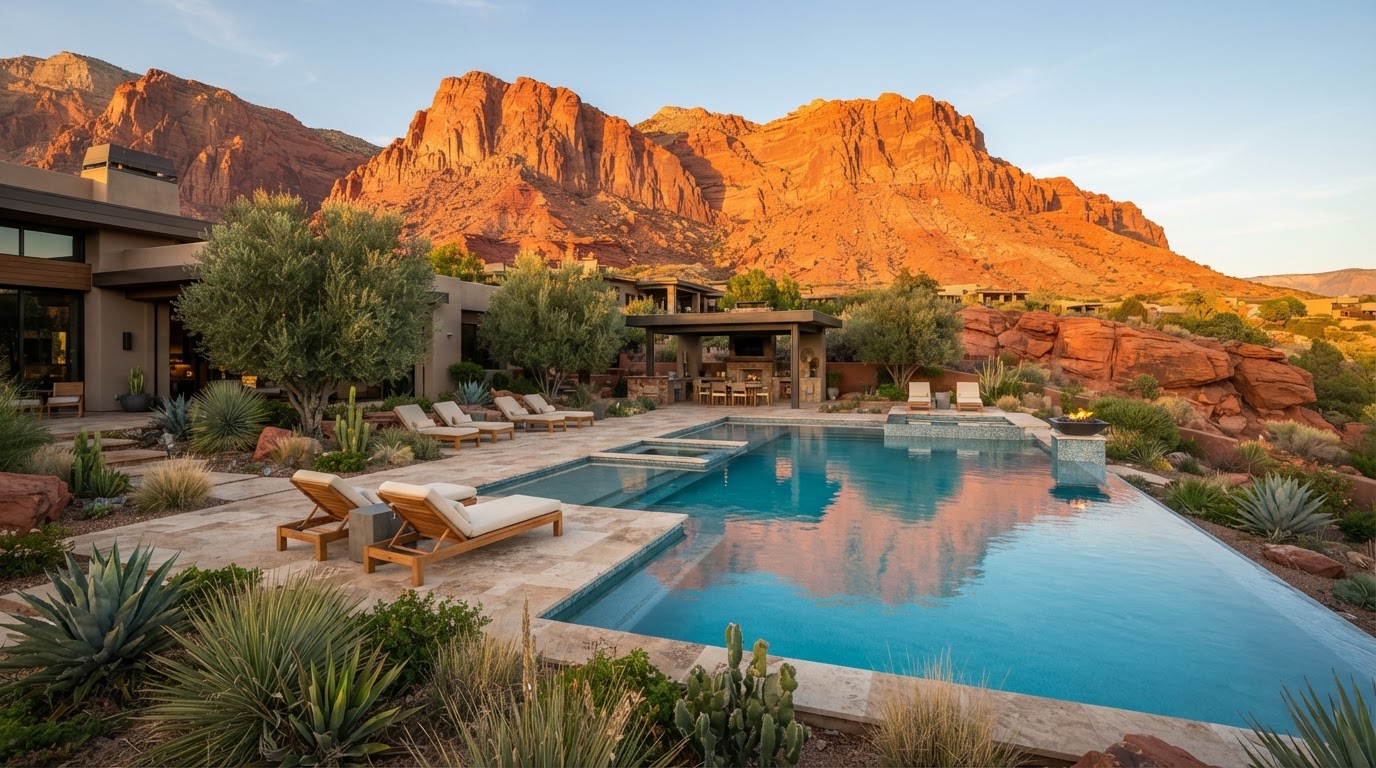 A relaxing poolside setting framed by desert scenery