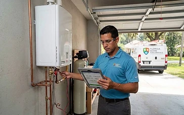 Florida Home Performance plumber installing a high-efficiency tankless water heater to replace a tank unit in Newberry, FL.