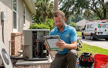 Florida Home Performance technician diagnosing a failed residential AC compressor before an emergency replacement in Gainesville, FL.