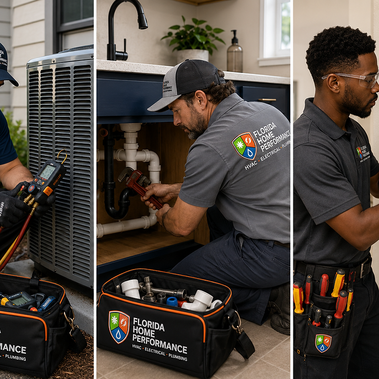 Florida Home Performance technicians servicing HVAC, plumbing, and electrical systems