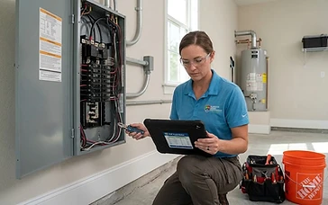 Florida Home Performance electrician inspecting an outdated fused residential electrical panel before a 200-amp upgrade in Alachua, FL.