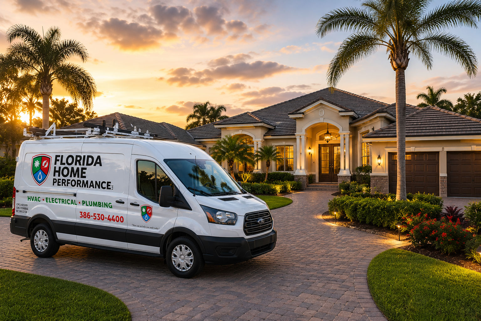 Florida Home Performance service van parked at a North Central Florida home at sunset