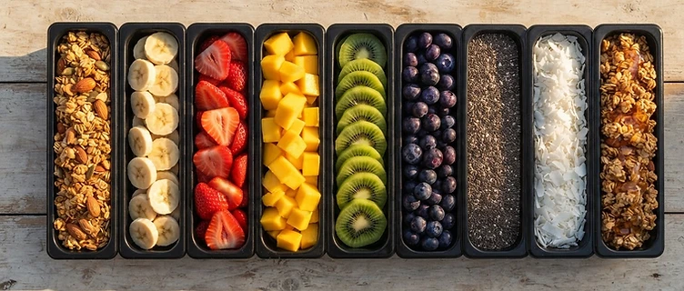 Tigelas de açaí com granola, frutas e complementos frescos