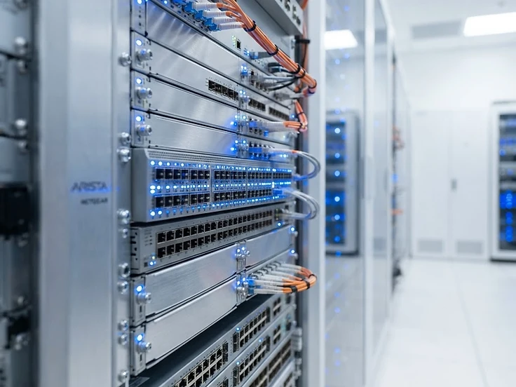 Enterprise network hardware with glowing blue indicators