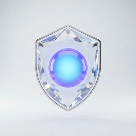 Glass shield protecting a glowing blue-violet core