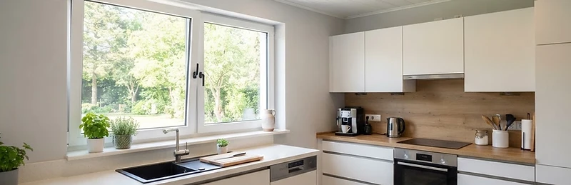Cocina con cielo raso de paneles de PVC blanco y ventana de uPVC